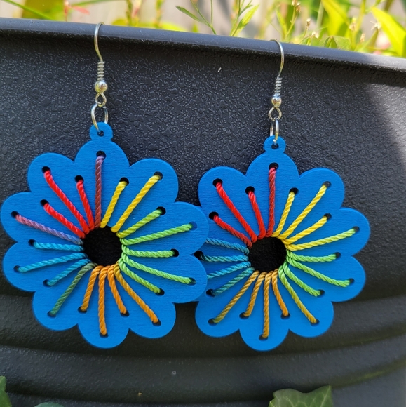 Handmade Multicolor Flower Wood Earrings - Picture 2 of 5